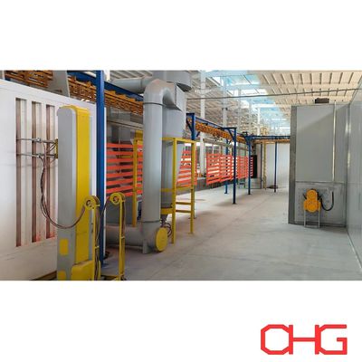 Línea de recubrimiento en polvo de sustrato metálico con sistema de transporte libre de energía